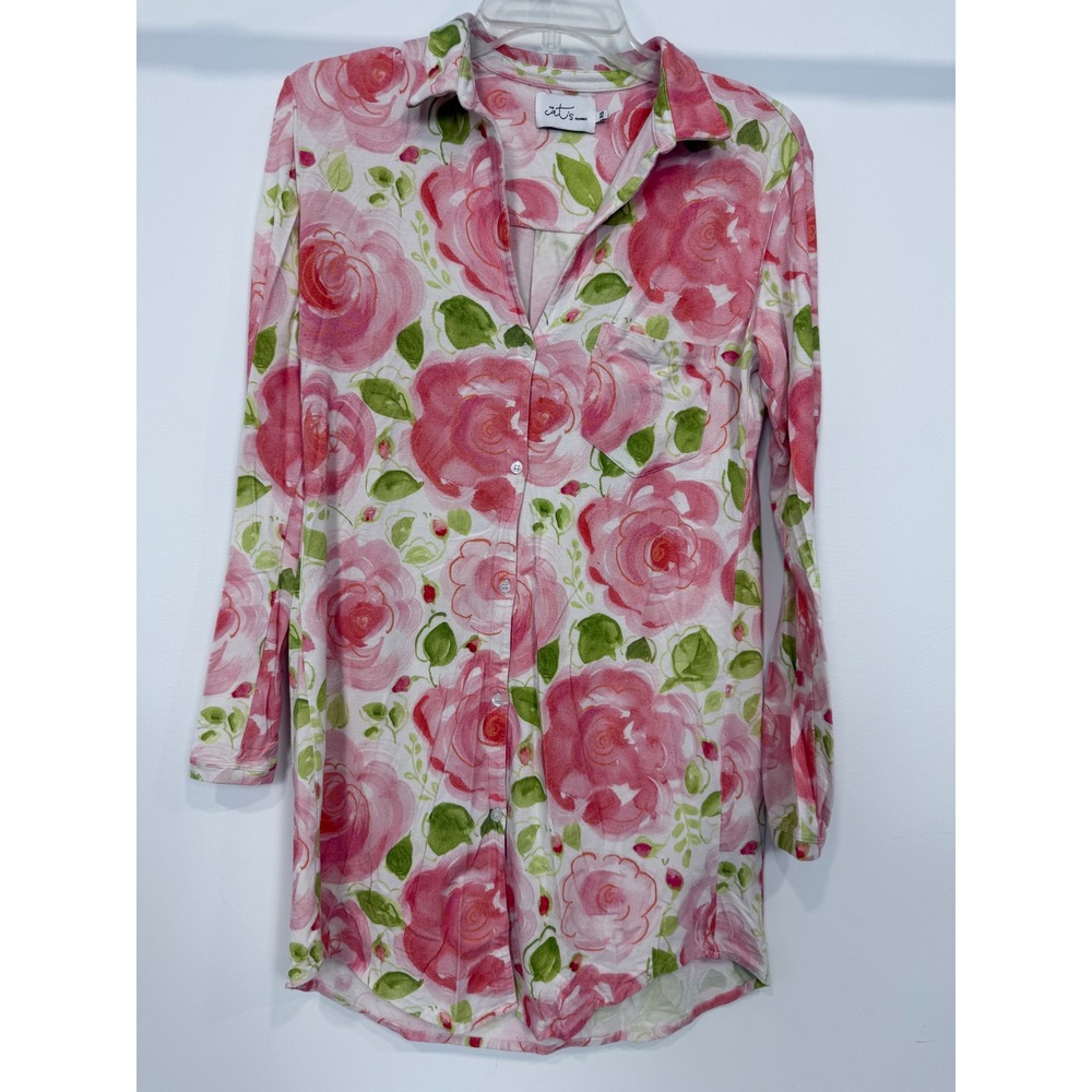 The Cat's Pajamas Pink Rose Floral Pima Modal Nightshirt Sleep Shirt XS